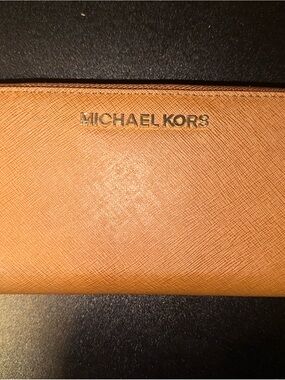 Michael Kors saffiano leather wallet in tan brown with gold logo